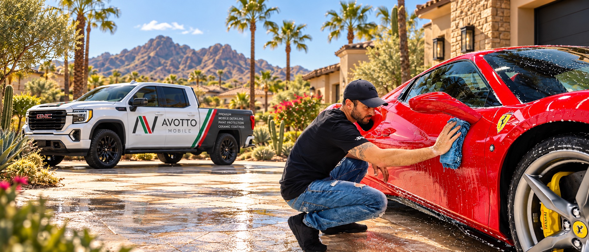 A red Ferrari being hand-washed at a Scottsdale home.