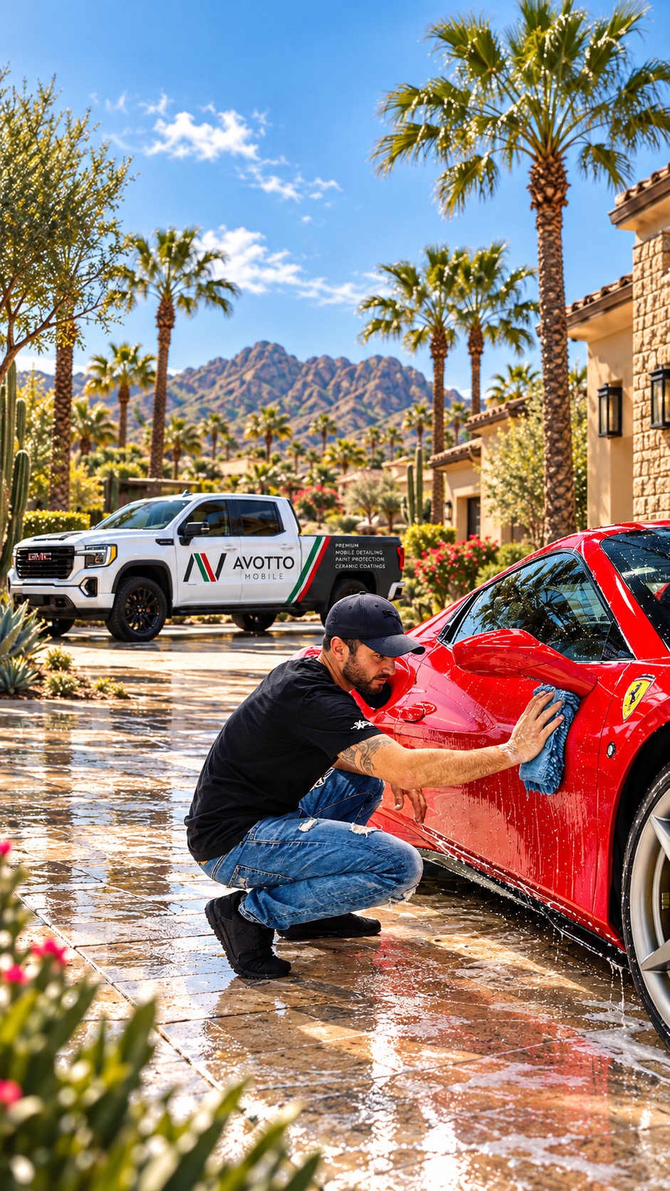 A red Ferrari being hand-washed at a Scottsdale home.